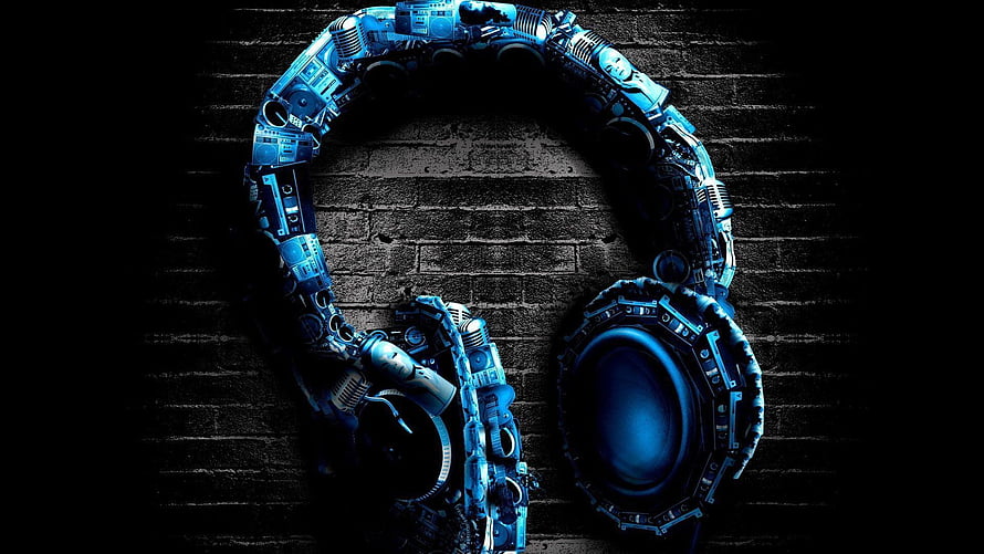 Cyberpunk Mechanical Headphones on Dark Brick Wall HD wallpaper