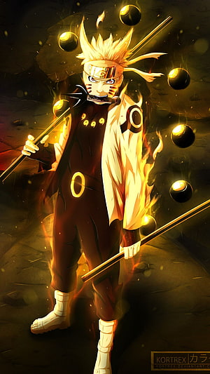 Naruto Uzumaki in Kyuubi Mode Wielding Chakra Blades Amidst Golden Energy HD phone wallpaper