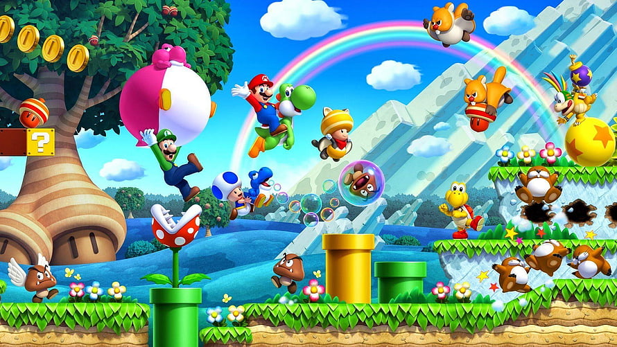 New Super Mario Bros U Character Lineup With Rainbow And Pipes HD wallpaper