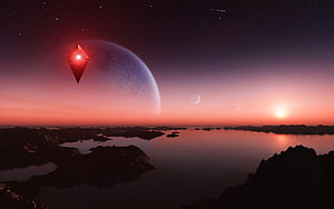 No Man's Sky Atlas beacon glowing over alien ocean at sunset with massive planet in sky HD wallpaper