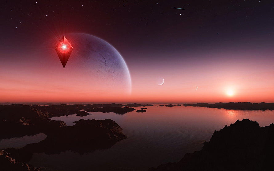 No Man's Sky Atlas beacon glowing over alien ocean at sunset with massive planet in sky HD wallpaper