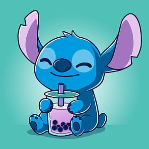 Cute Stitch Enjoying a Pink Boba Tea Drink in a Charming Cartoon Illustration HD phone wallpaper