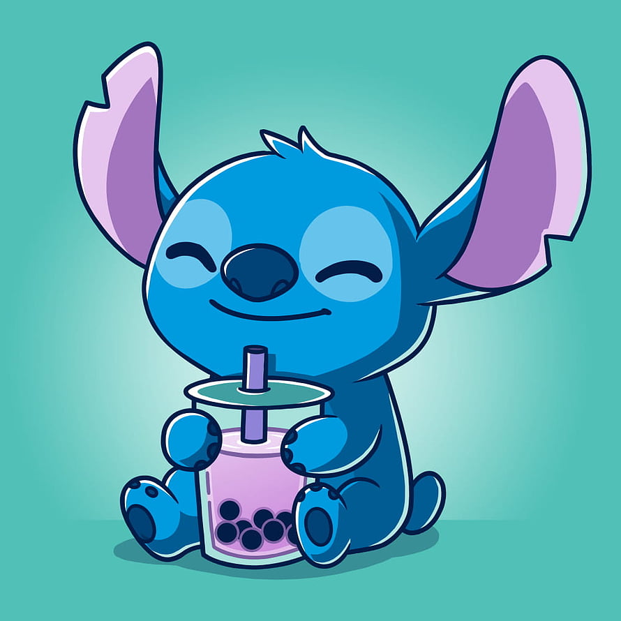 Cute Stitch Enjoying a Pink Boba Tea Drink in a Charming Cartoon Illustration HD phone wallpaper