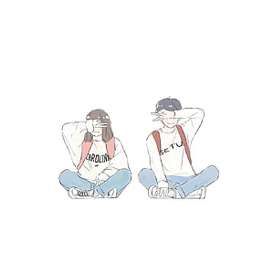 Cute Anime Couple Sitting Cross-Legged Making Peace Signs in Casual Outfits HD phone wallpaper