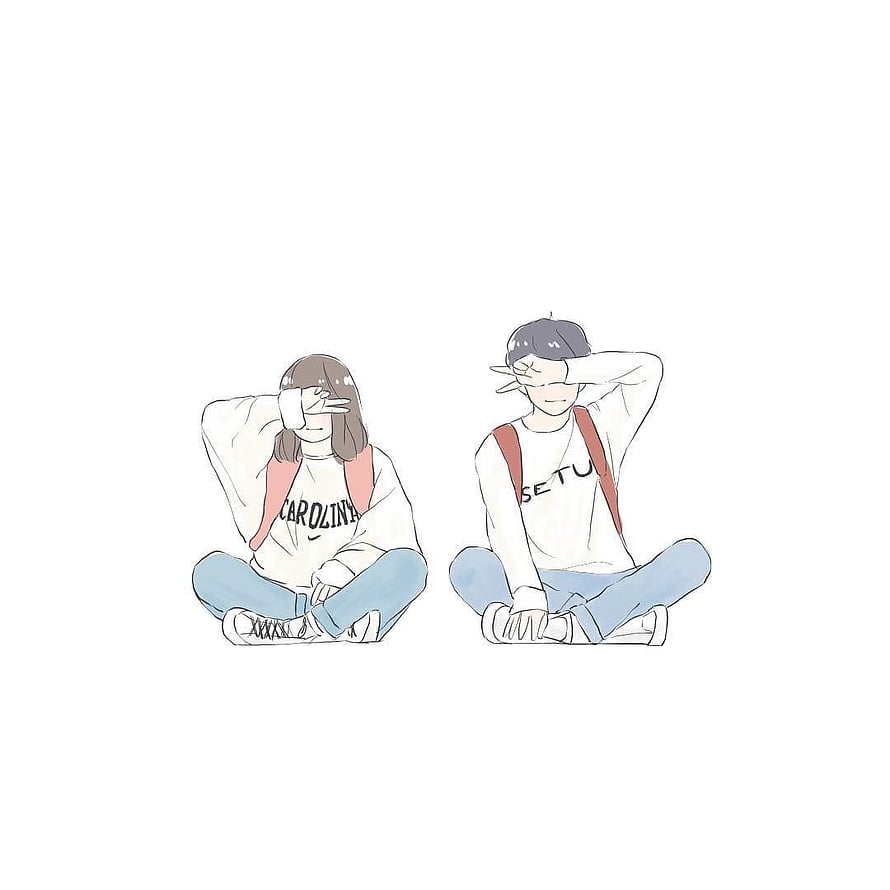 Cute Anime Couple Sitting Cross-Legged Making Peace Signs in Casual Outfits HD phone wallpaper