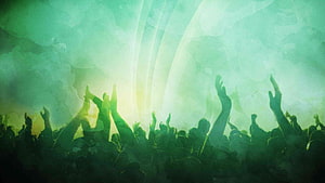 Silhouetted Congregation With Raised Hands In Green Tinted Light HD wallpaper