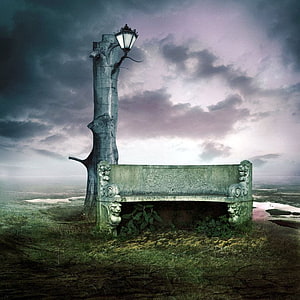Surreal Stone Bench and Street Lamp in a Misty Landscape Under a Dramatic Sky HD phone wallpaper