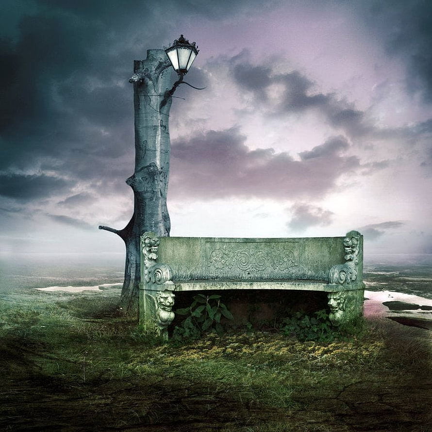 Surreal Stone Bench and Street Lamp in a Misty Landscape Under a Dramatic Sky HD phone wallpaper