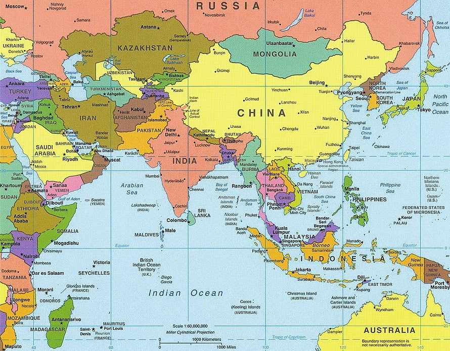 Detailed Political Map of Asia Showing Countries, Capitals, and Major Cities HD wallpaper