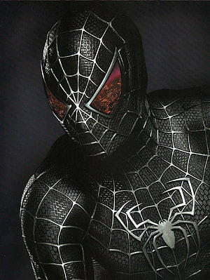 Spider-Man Black Symbiote Suit Close-Up with Glowing Red Eyes and Silver Web Pattern HD phone wallpaper
