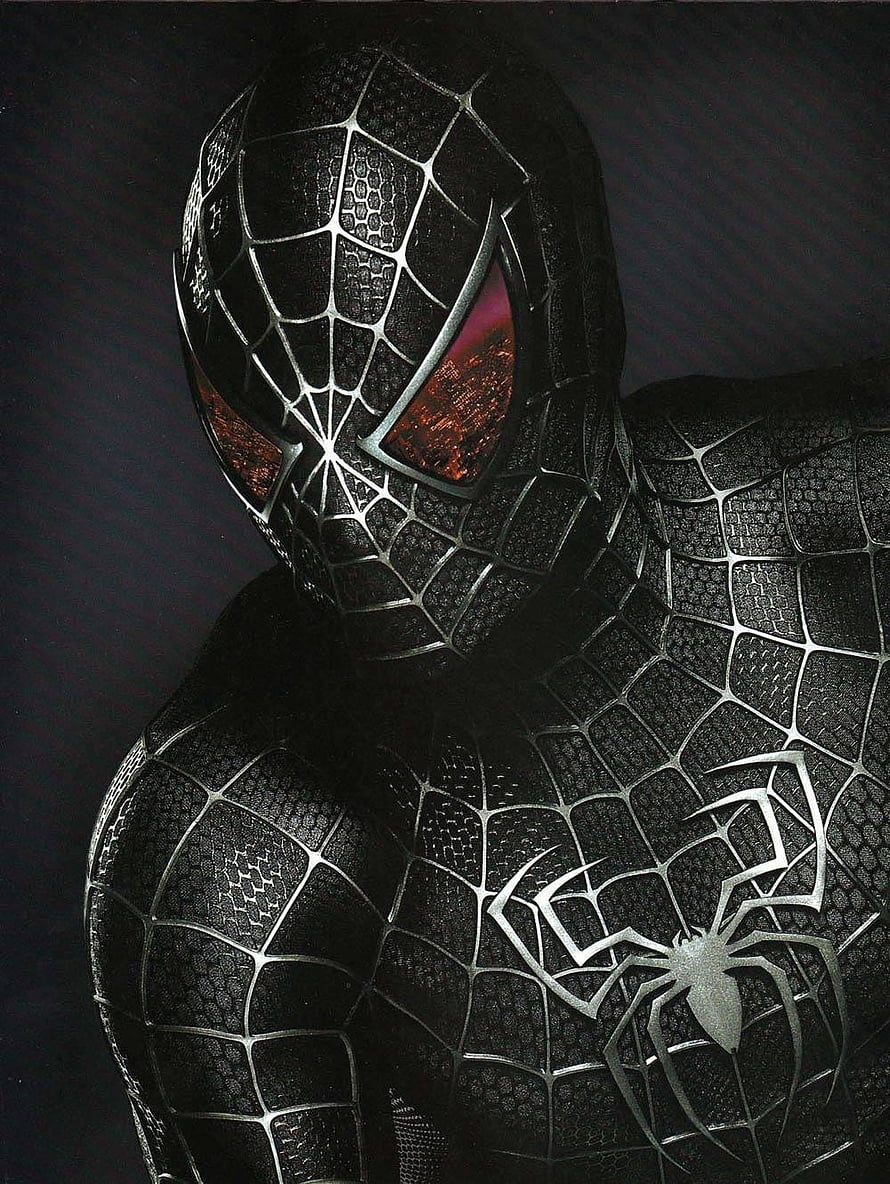 Spider-Man Black Symbiote Suit Close-Up with Glowing Red Eyes and Silver Web Pattern HD phone wallpaper
