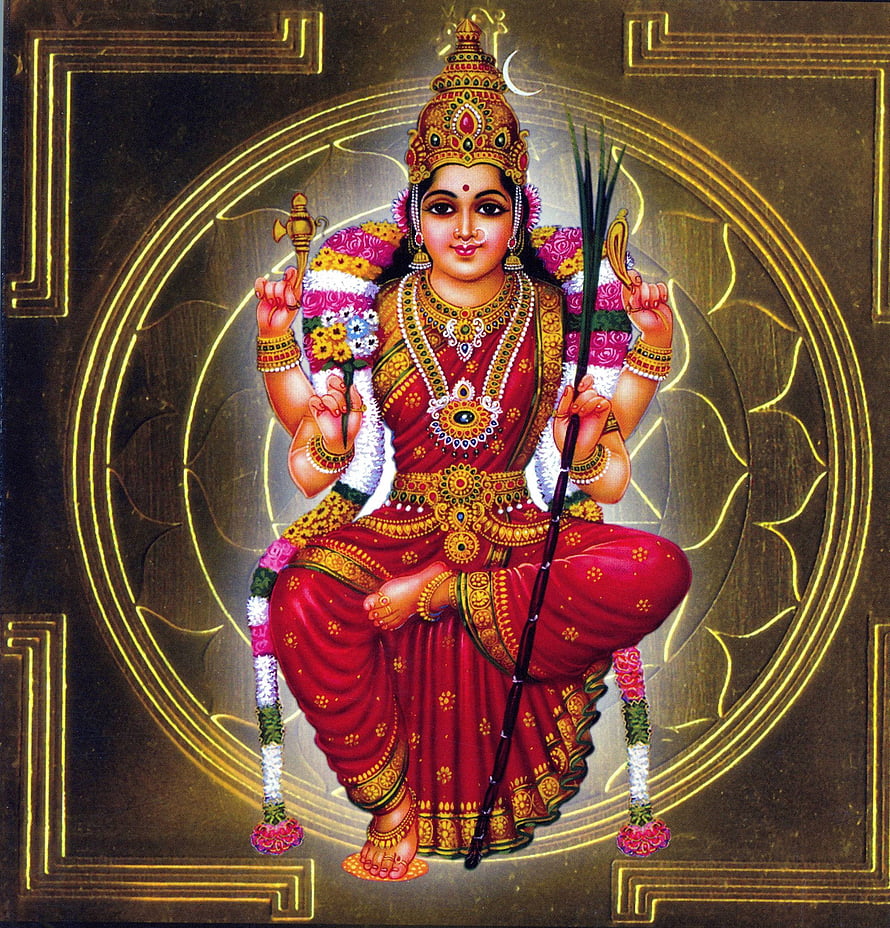 Lalitha Ammavaru Divine Goddess Portrait in Traditional Red Attire with Ornate Jewelry HD phone wallpaper