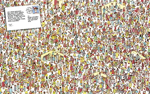 Where Is Waldo Crowd Scene Illustration with Postcard and Department of Stink Stamp HD wallpaper