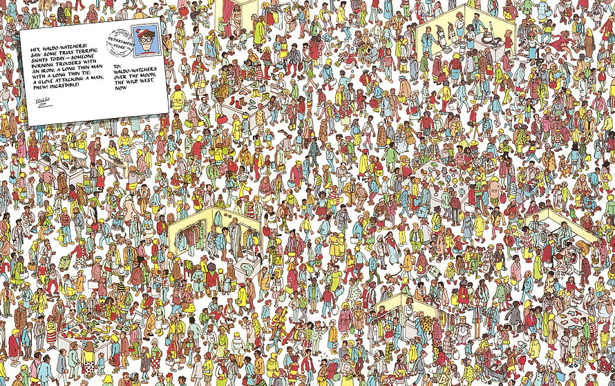 Where Is Waldo Crowd Scene Illustration with Postcard and Department of Stink Stamp HD wallpaper