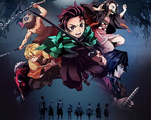 Demon Slayer: Kimetsu no Yaiba Main Cast Dynamic Action Scene HD wallpaper