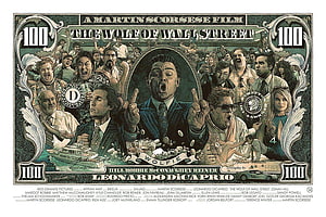 The Wolf of Wall Street Movie Poster Featuring Leonardo DiCaprio in Dollar Bill Design HD wallpaper