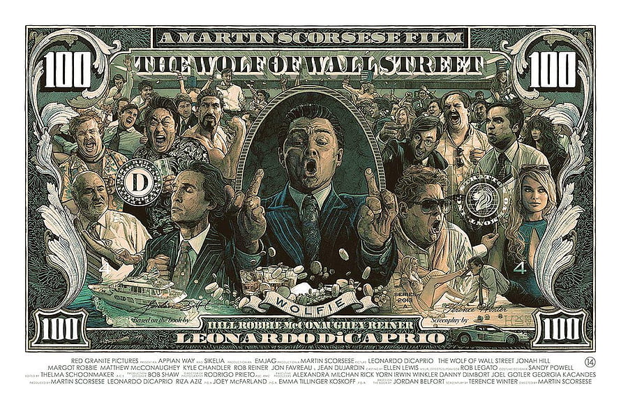 The Wolf of Wall Street Movie Poster Featuring Leonardo DiCaprio in Dollar Bill Design HD wallpaper