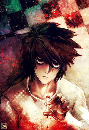 L Lawliet from Death Note holding a chess piece in a dark, gritty anime illustration HD phone wallpaper