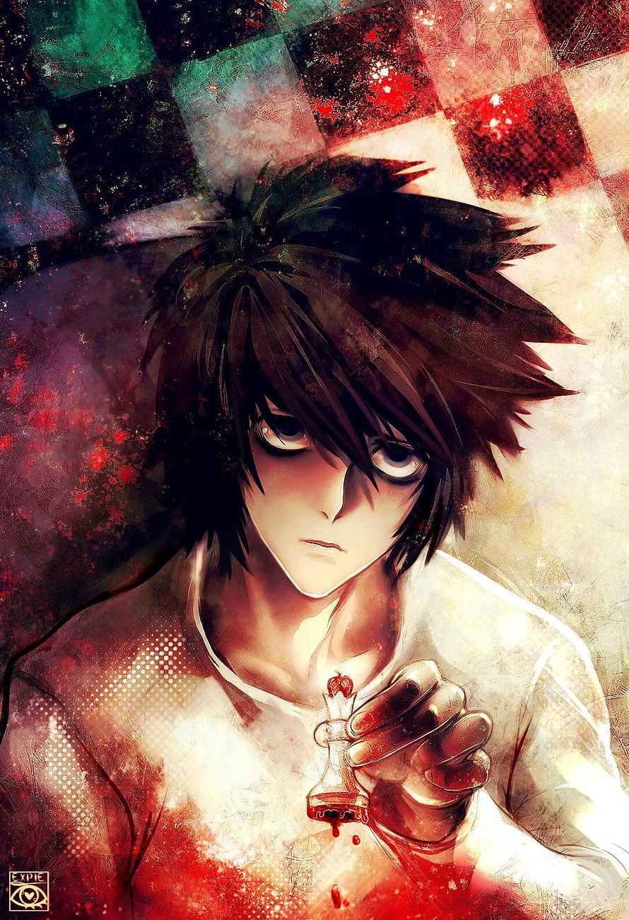 L Lawliet from Death Note holding a chess piece in a dark, gritty anime illustration HD phone wallpaper