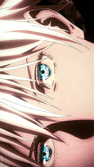 Close-up of Gojo Satoru's distinctive blue eyes and white hair from Jujutsu Kaisen HD phone wallpaper