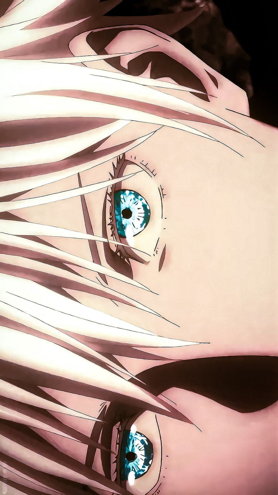 Close-up of Gojo Satoru's distinctive blue eyes and white hair from Jujutsu Kaisen HD phone wallpaper