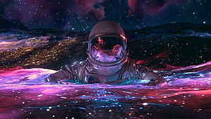 Astronaut Floating in Cosmic Nebula Water with Starry Sky Reflection HD wallpaper