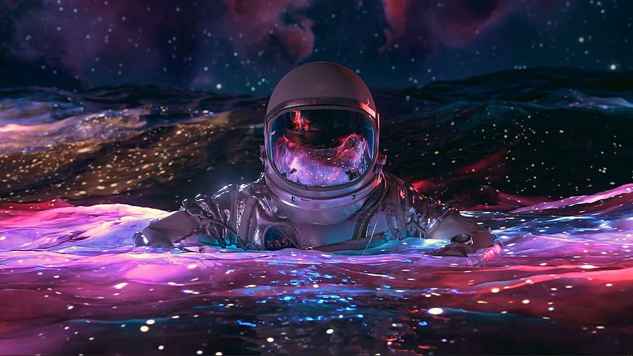 Astronaut Floating in Cosmic Nebula Water with Starry Sky Reflection HD wallpaper