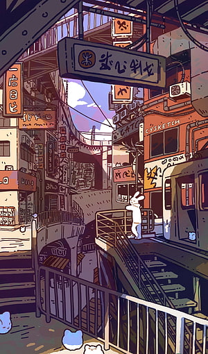 Illustrated Japanese Cityscape with Rabbit Character and Train Station HD phone wallpaper