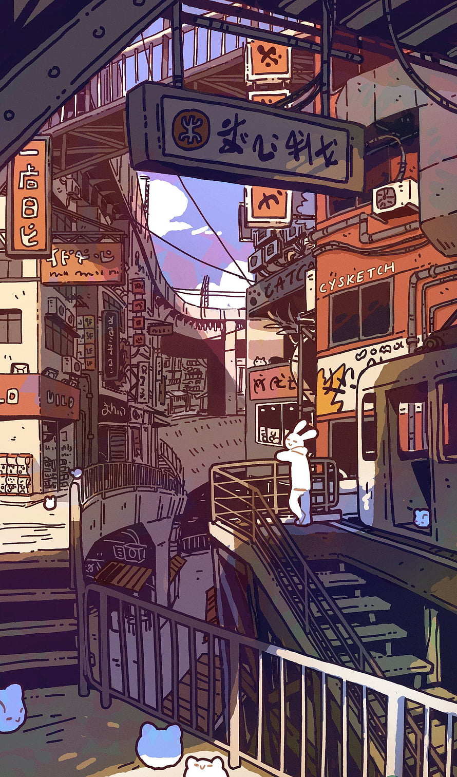 Illustrated Japanese Cityscape with Rabbit Character and Train Station HD phone wallpaper