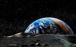 Earth Rising Over Lunar Horizon Against Starry Deep Space Sky HD wallpaper