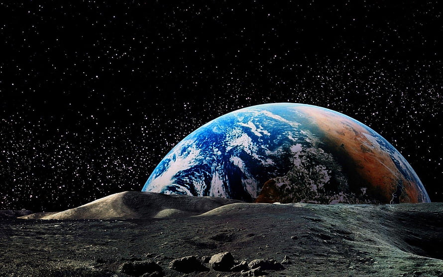Earth Rising Over Lunar Horizon Against Starry Deep Space Sky HD wallpaper
