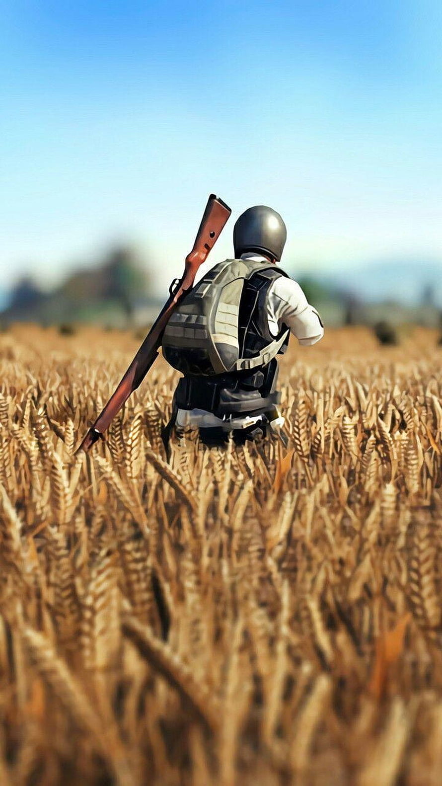 PUBG Mobile Soldier Crouching in Golden Wheat Field with Rifle and Helmet HD phone wallpaper