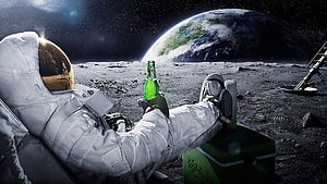 Astronaut Relaxing on the Moon with a Green Beer Bottle and Earth in the Background HD wallpaper
