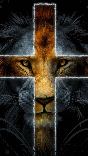 Lion of Judah with Glowing Cross Overlay on Black Background HD phone wallpaper
