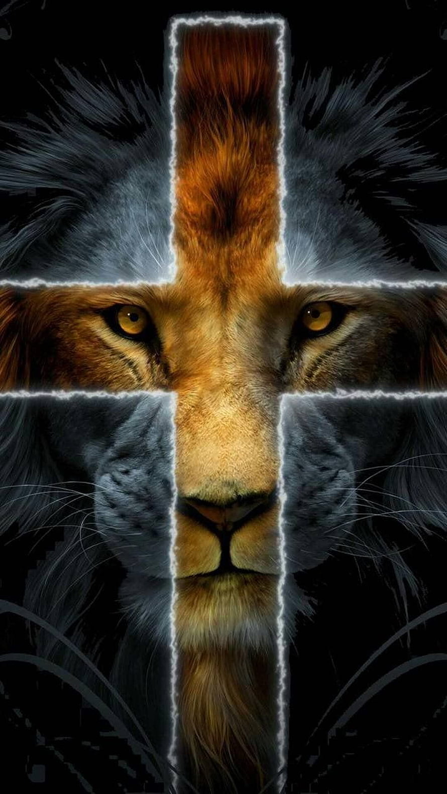 Lion of Judah with Glowing Cross Overlay on Black Background HD phone wallpaper