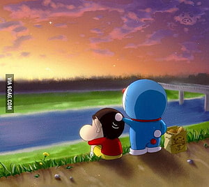 Shin-chan and Doraemon Watching a Sunset Over a River in a Nostalgic Anime Scene HD wallpaper