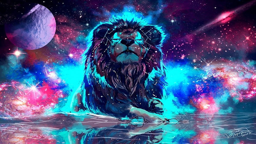 Cosmic Lion Constellation Artwork with Neon Nebula and Celestial Water Reflection HD wallpaper