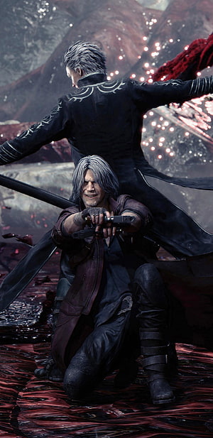 Devil May Cry 5 Dante and Vergil in Dramatic Combat Pose with Dual Wield Guns and Sword HD phone wallpaper