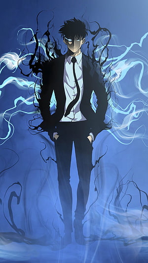 Sung Jinwoo from Solo Leveling in a dark suit with glowing blue eyes and shadow tendrils HD phone wallpaper