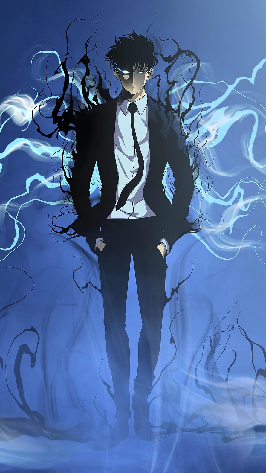 Sung Jinwoo from Solo Leveling in a dark suit with glowing blue eyes and shadow tendrils HD phone wallpaper