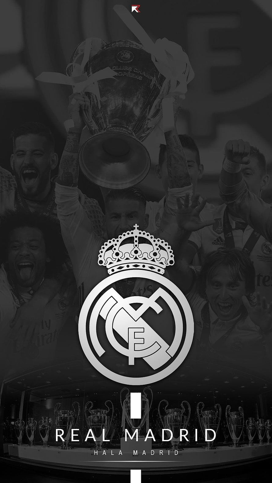 Real Madrid Champions League Trophy Celebration with Club Crest and Hala Madrid Motto HD phone wallpaper