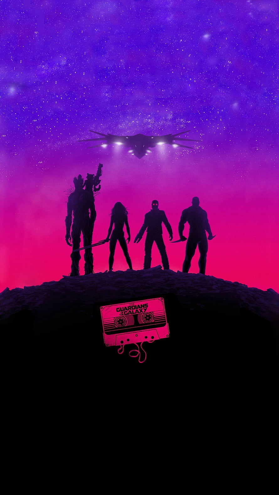 Guardians of the Galaxy Silhouettes on Rocky Outcrop with Retro Cassette and Starship Against Purple Nebula Sky HD phone wallpaper