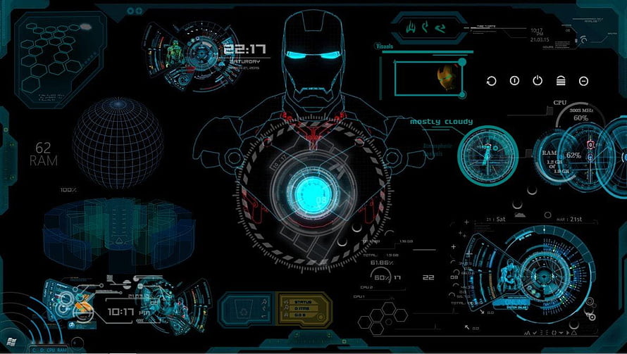 Iron Man JARVIS Futuristic Holographic Interface with Glowing Arc Reactor and Cyber Dashboard HD wallpaper