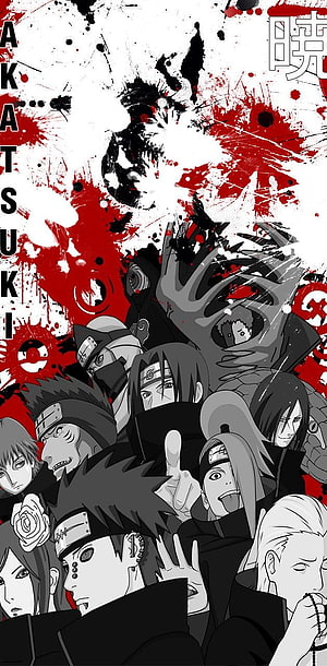 Naruto Akatsuki Members Group Portrait in Black and White Manga Style with Red Ink Splatter Background HD phone wallpaper