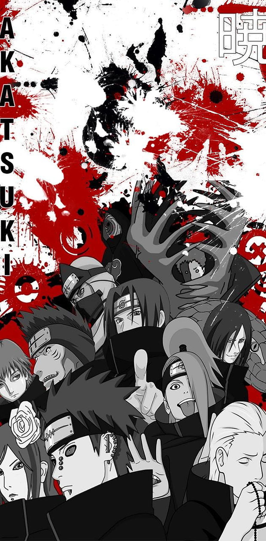 Naruto Akatsuki Members Group Portrait in Black and White Manga Style with Red Ink Splatter Background HD phone wallpaper