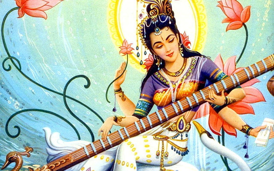 Goddess Saraswati Playing Veena Amid Lotus Flowers and Water HD wallpaper