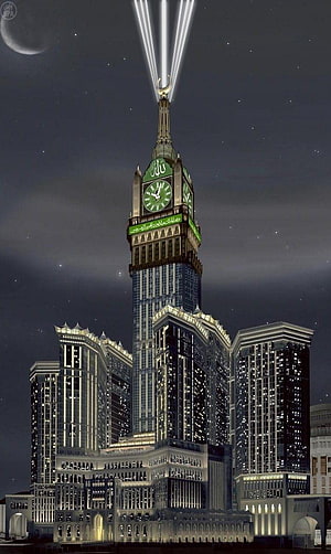 Makkah Clock Tower Rooftop Illuminated at Night with Crescent Moon and Starry Sky HD phone wallpaper