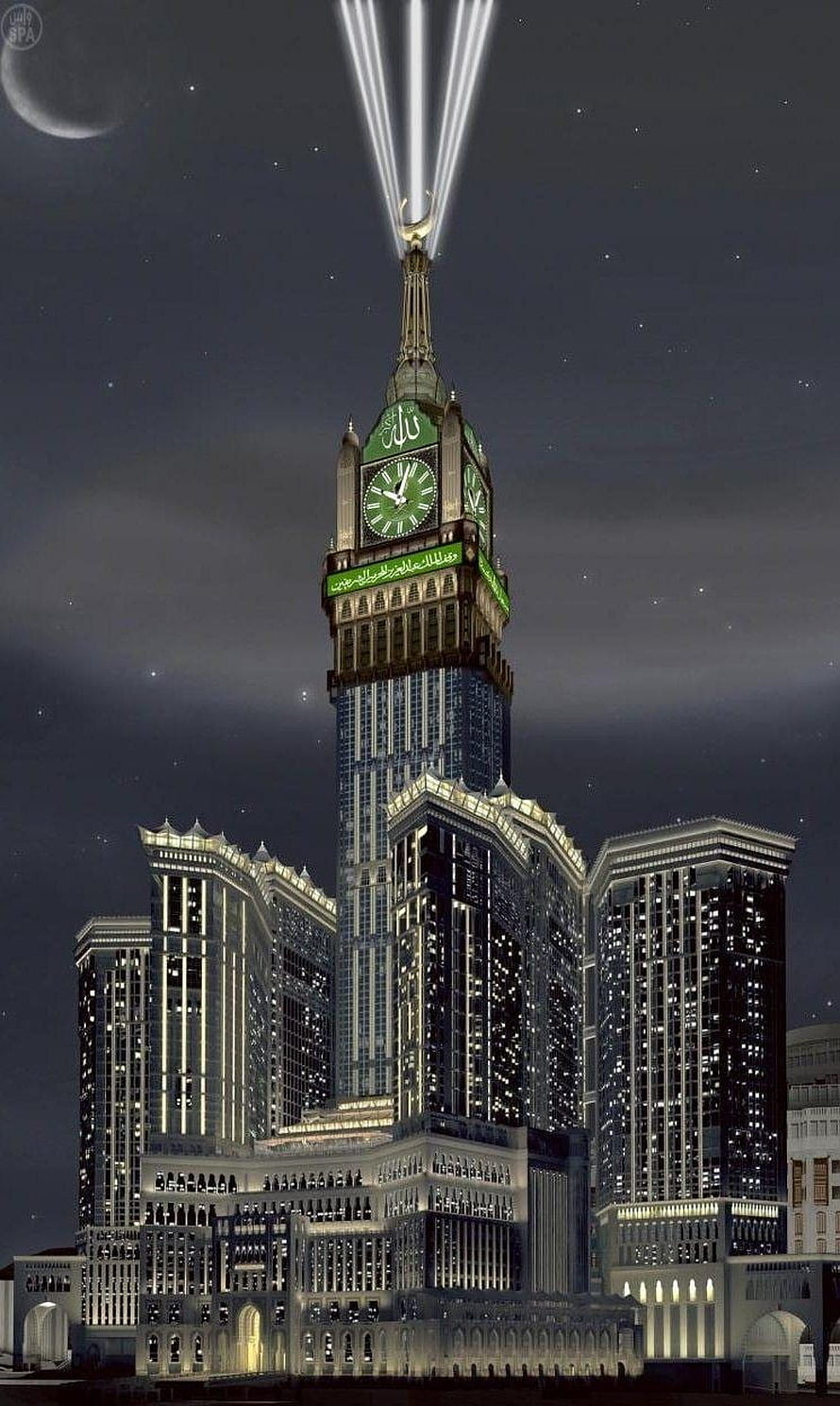 Makkah Clock Tower Rooftop Illuminated at Night with Crescent Moon and Starry Sky HD phone wallpaper