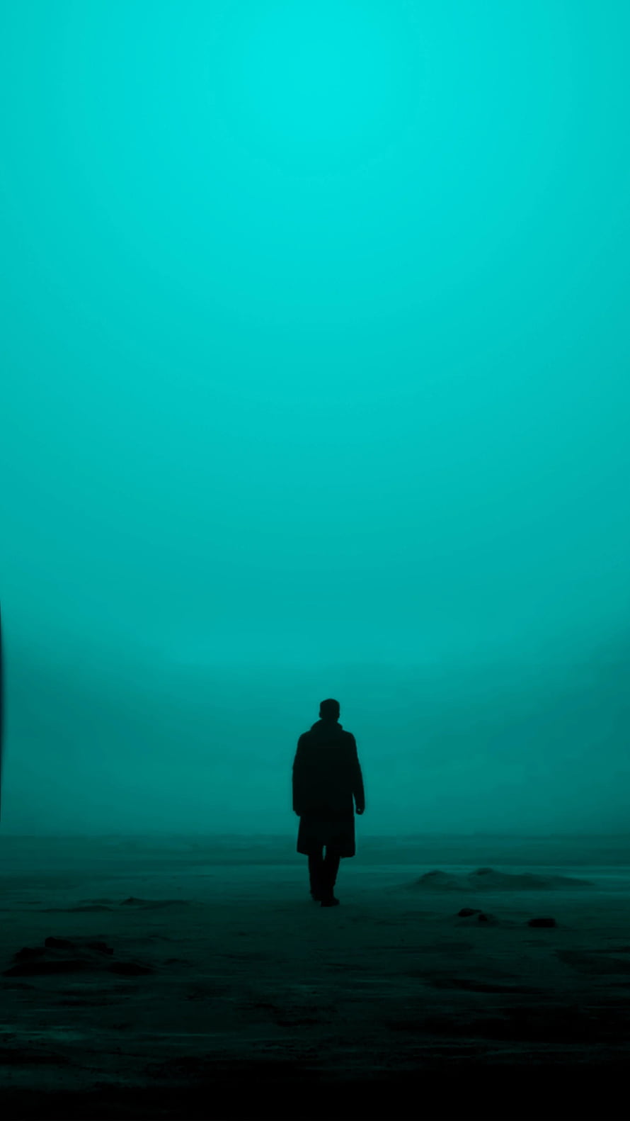 Blade Runner 2049 Silhouette Walking Through Foggy Teal Landscape HD phone wallpaper