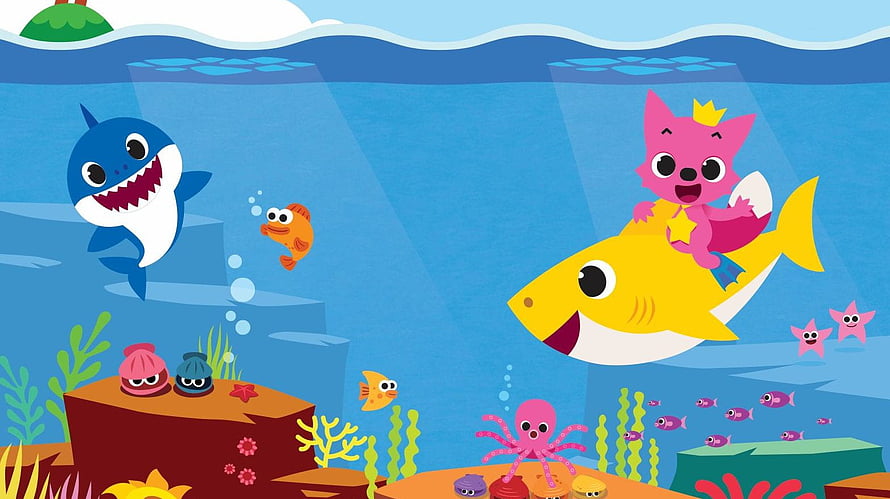 Baby Shark Cartoon Underwater Scene with Pink Cat Riding Yellow Shark HD wallpaper